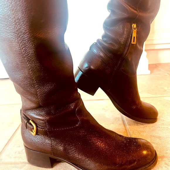 PRADA DARK BROWN BEAUTIFUL Authentic leather Tall Boots w/ Gold Buckle & Zipper - Picture 1 of 14
